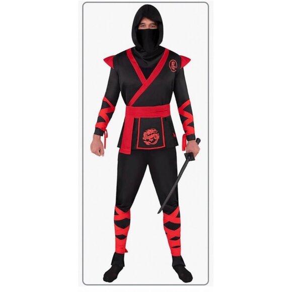 Adult Ninja Warrior Costume Red & Black Top Sash Pants & Mask - Missing Undershi - Picture 1 of 7